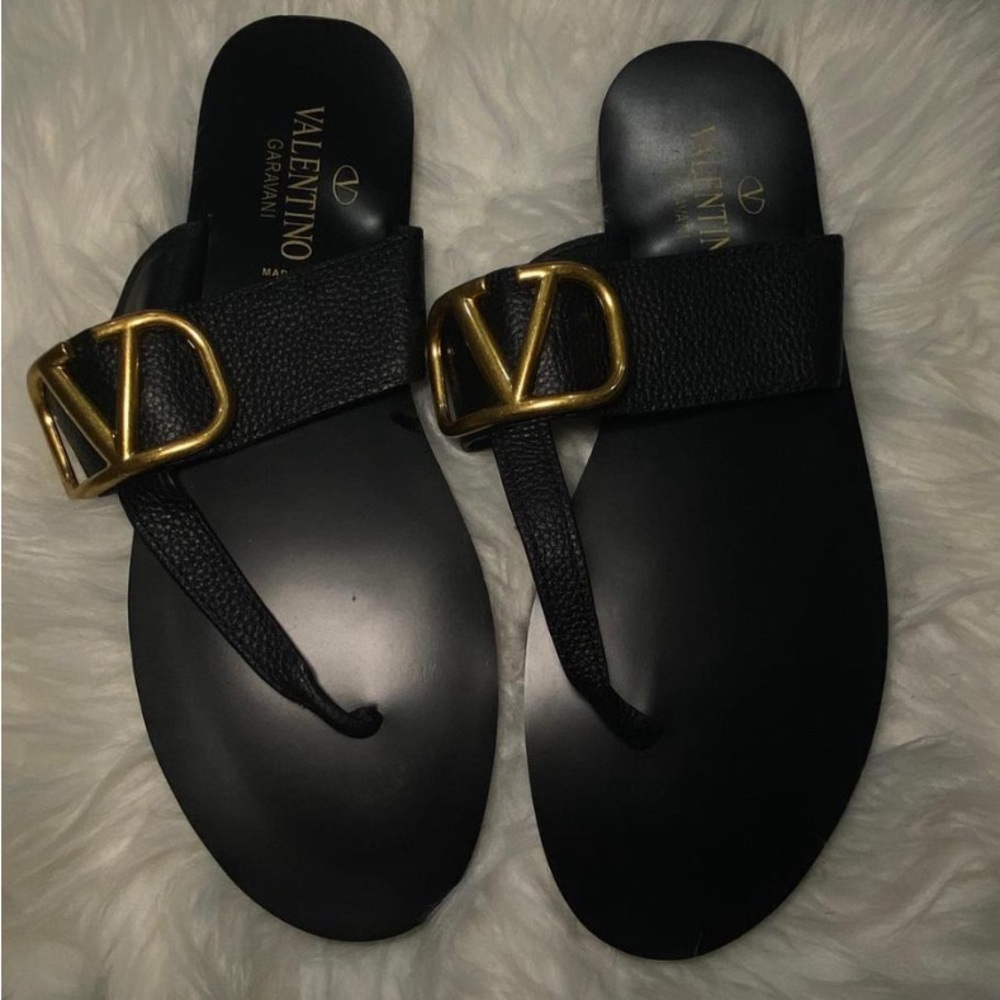 Valentino Black Sandals with Gold Logo
